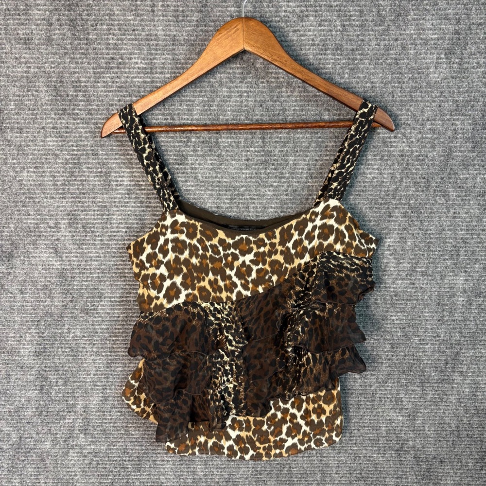Express Design Studio 100% Silk Leopard Print Ruffle Tank Top Women's Medium